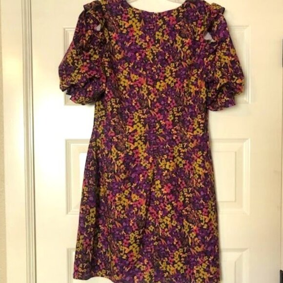 New ADELYN RAE Silky Purple Gold Floral Puff Sleeve V neck Mini Cocktail Dress L - Picture 5 of 6